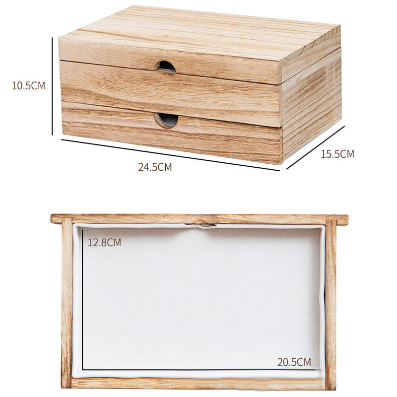 Zweilagige beige Holzschmuckschatulle mit Spiegel | Spirituelle Wohnakzente