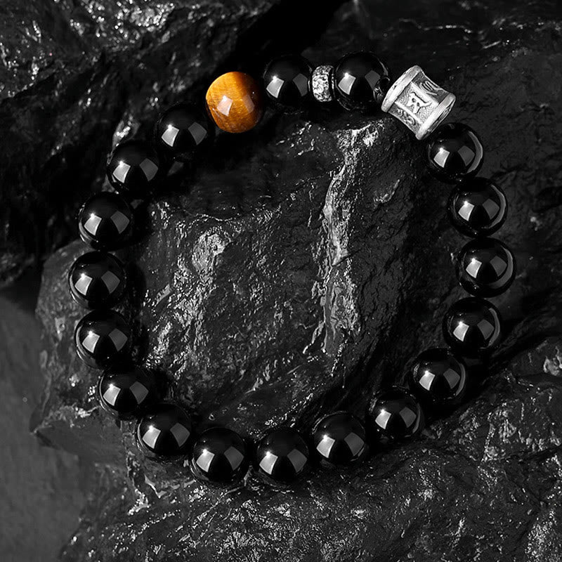 Unisex-Armband „Om Mani Padme Hum“ aus schwarzem Obsidian, 10 mm