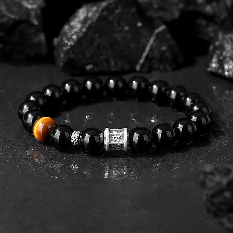 Unisex-Armband „Om Mani Padme Hum“ aus schwarzem Obsidian, 10 mm