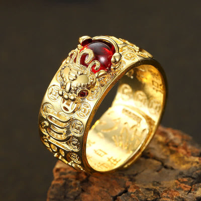 Unisex 10mm Granat PiXiu Reichtumsring in Silber & Gold