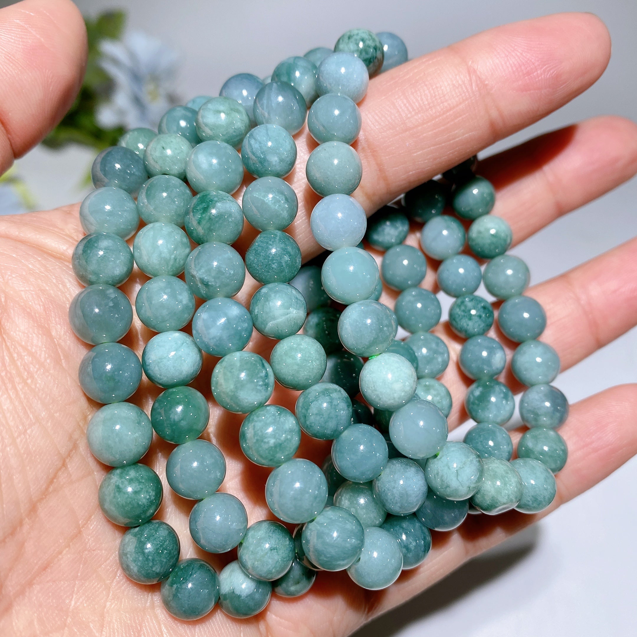 Unisex 8-16mm Rose Quartz Jadeite Blue Flower Agate Bracelet for Healing