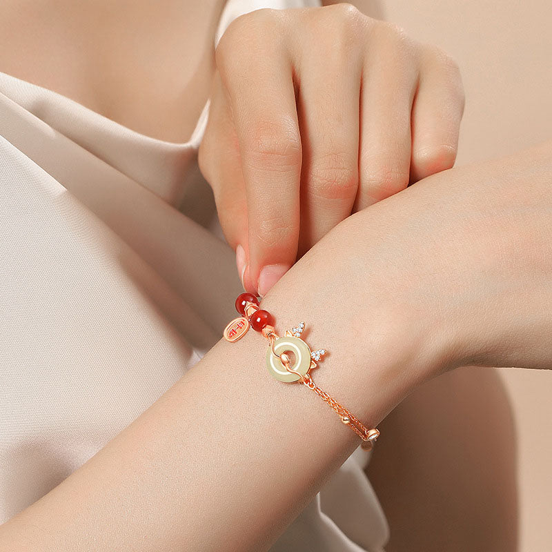 Unisex-Armband aus 925er Sterlingsilber mit Drachenmotiv, rotem Achat und Hetian-Jade