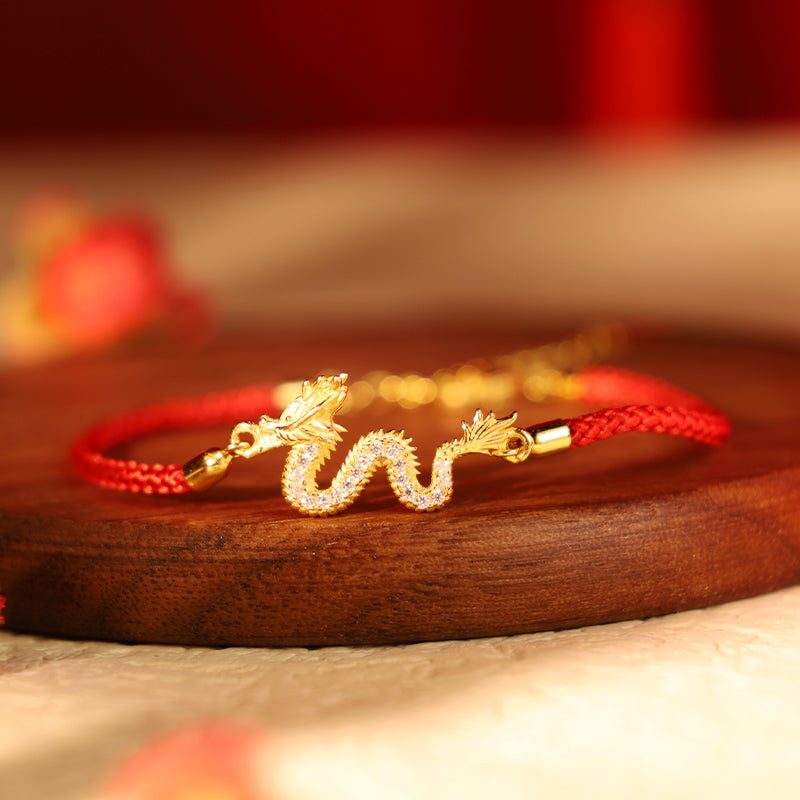 Unisex-Armband aus 925er Sterlingsilber mit Drachenmotiv, rotem Seil und goldenem Anhänger