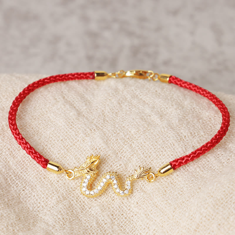 Unisex-Armband aus 925er Sterlingsilber mit Drachenmotiv, rotem Seil und goldenem Anhänger