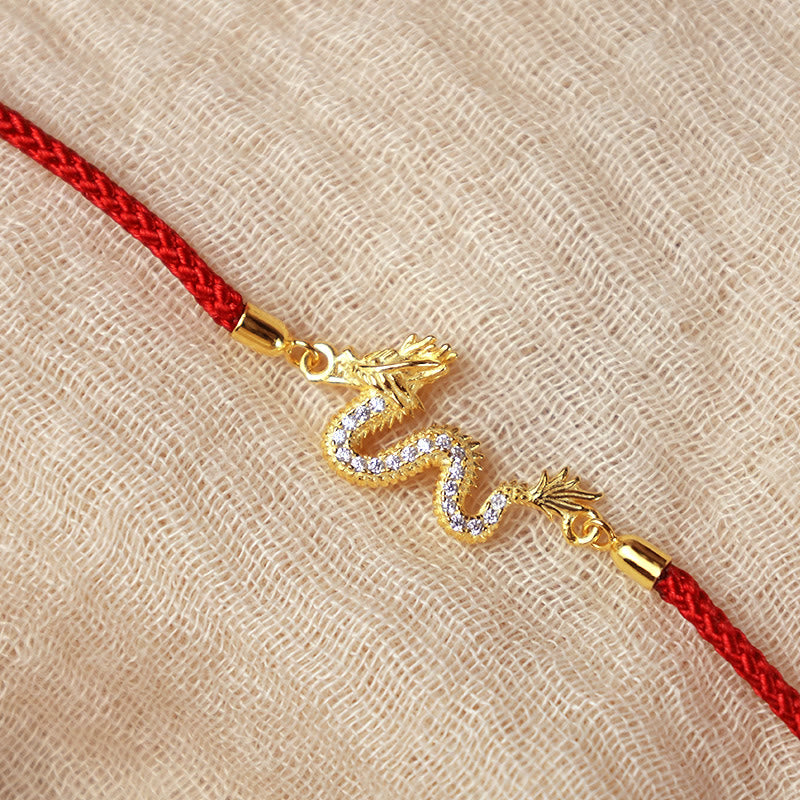 Unisex-Armband aus 925er Sterlingsilber mit Drachenmotiv, rotem Seil und goldenem Anhänger