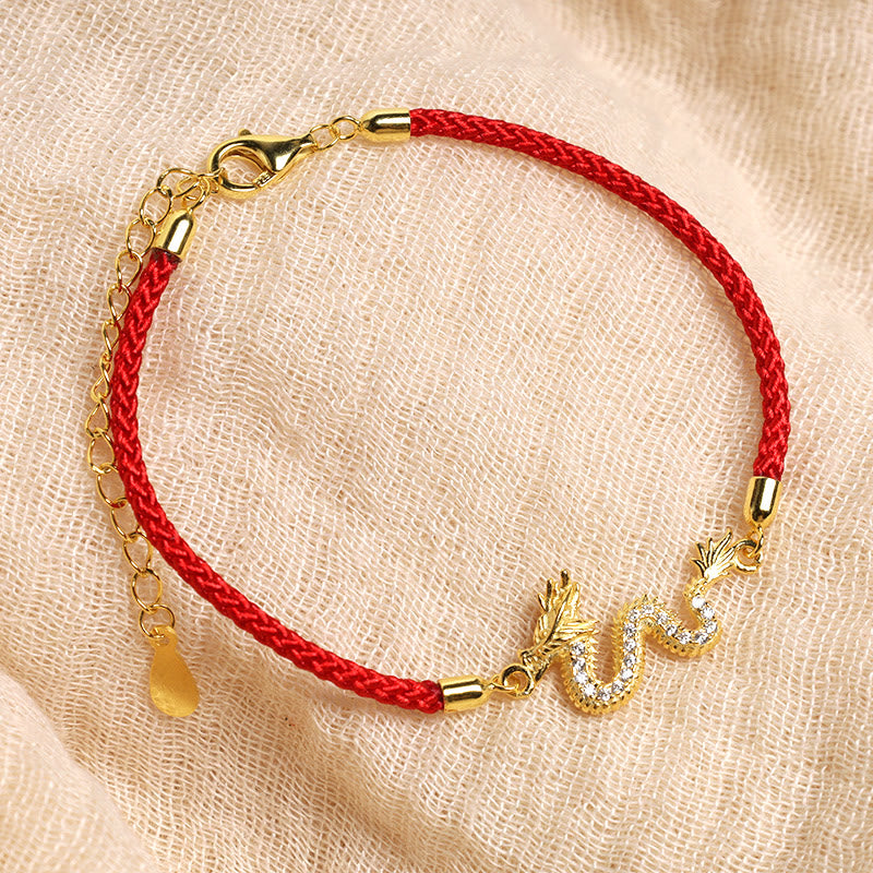 Unisex-Armband aus 925er Sterlingsilber mit Drachenmotiv, rotem Seil und goldenem Anhänger