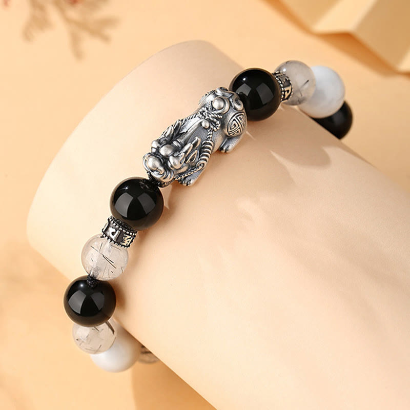 Unisex-Armband aus 999er Sterlingsilber mit schwarzem Obsidian für Glück