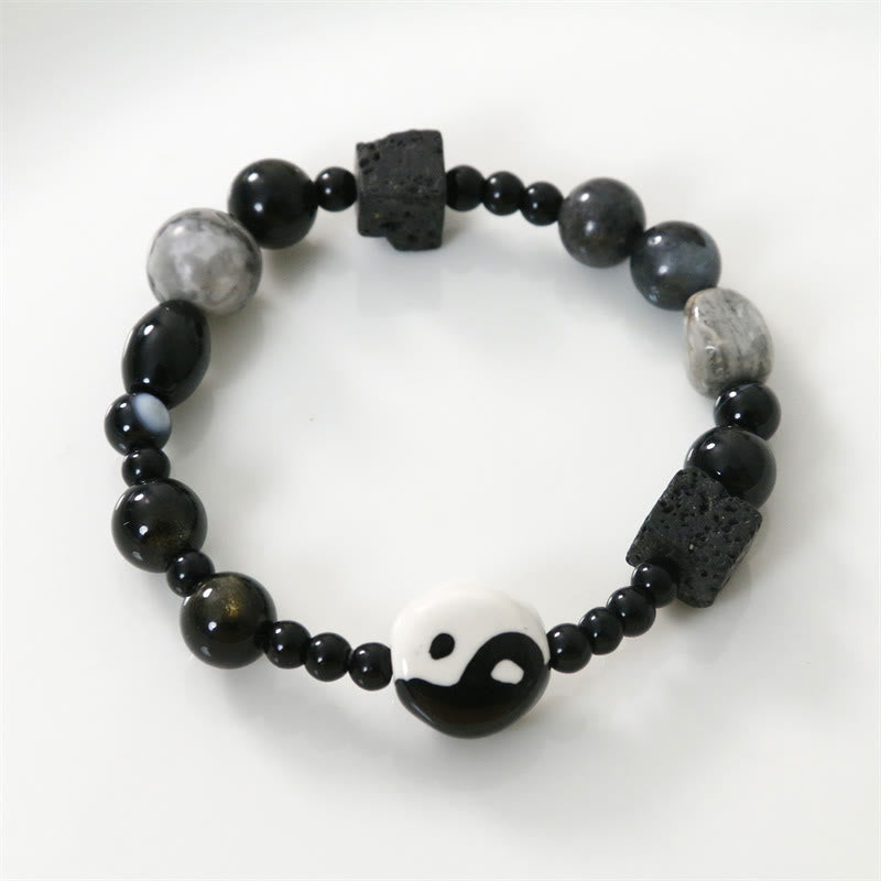 Unisex-Armband aus schwarzem Onyx mit Yin und Yang-Motiv für Gleichgewicht und Schutz