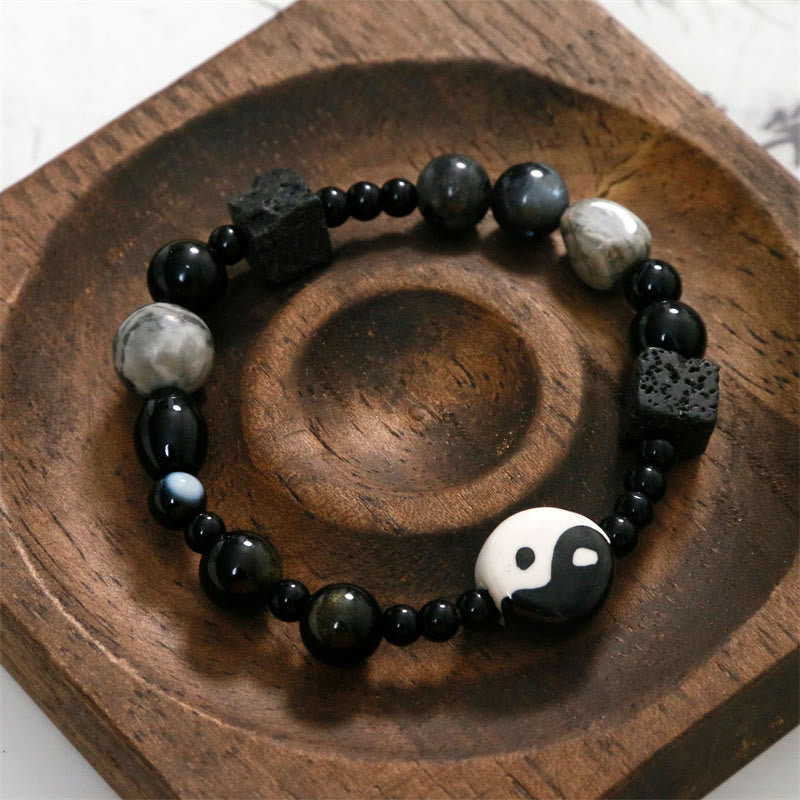 Unisex-Armband aus schwarzem Onyx mit Yin und Yang-Motiv für Gleichgewicht und Schutz