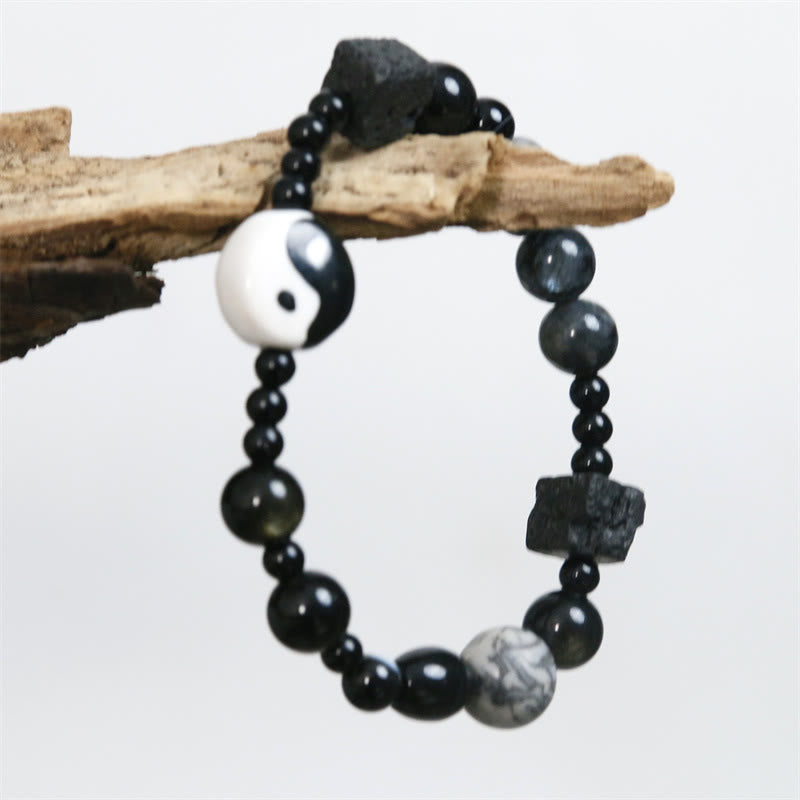 Unisex-Armband aus schwarzem Onyx mit Yin und Yang-Motiv für Gleichgewicht und Schutz