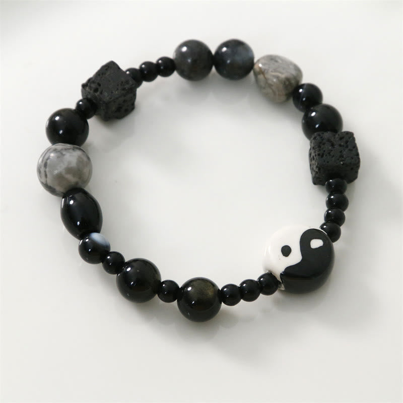 Unisex-Armband aus schwarzem Onyx mit Yin und Yang-Motiv für Gleichgewicht und Schutz