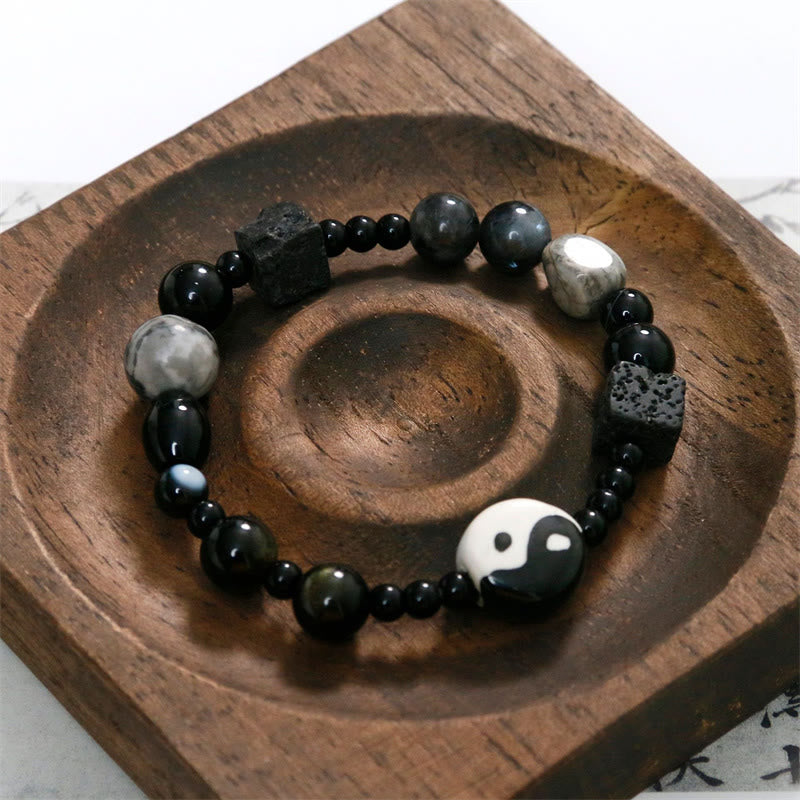 Unisex-Armband aus schwarzem Onyx mit Yin und Yang-Motiv für Gleichgewicht und Schutz
