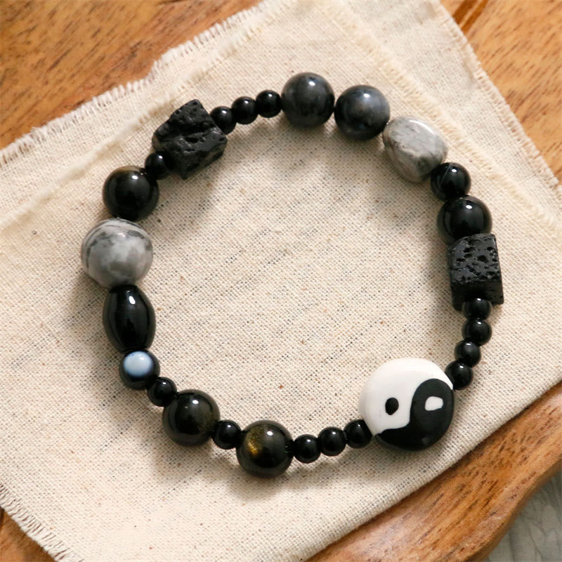 Unisex-Armband aus schwarzem Onyx mit Yin und Yang-Motiv für Gleichgewicht und Schutz
