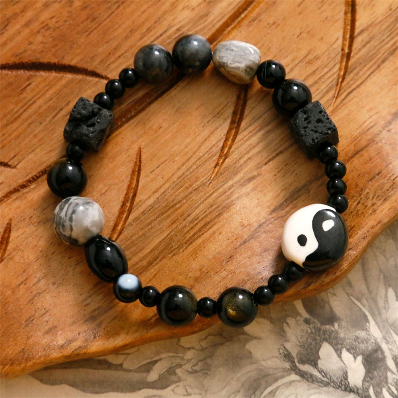 Unisex-Armband aus schwarzem Onyx mit Yin und Yang-Motiv für Gleichgewicht und Schutz
