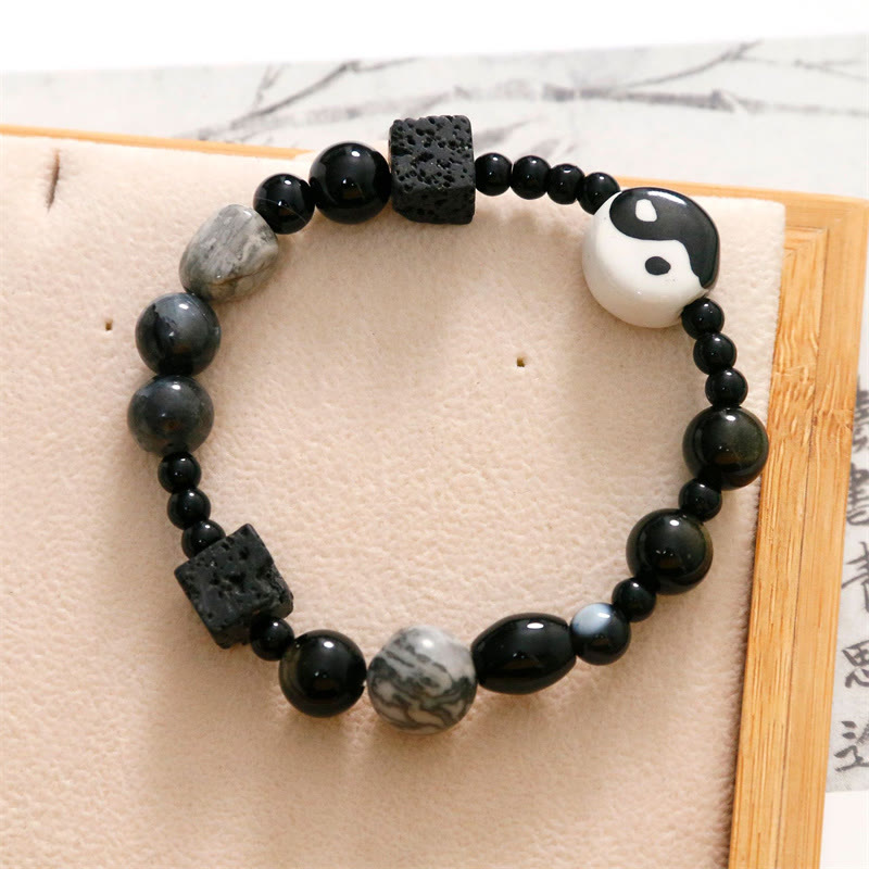 Unisex-Armband aus schwarzem Onyx mit Yin und Yang-Motiv für Gleichgewicht und Schutz