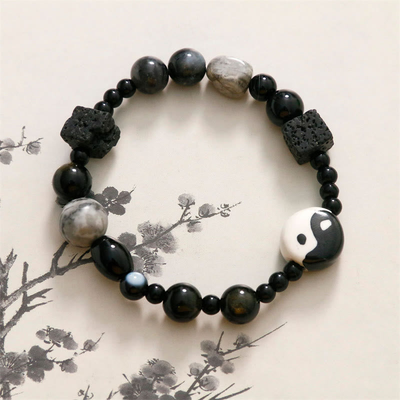 Unisex-Armband aus schwarzem Onyx mit Yin und Yang-Motiv für Gleichgewicht und Schutz