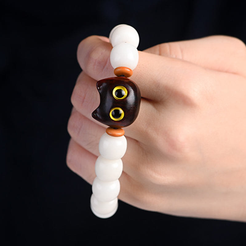 Spirituelles Armband mit Bodhi-Samen und Holz-Glückskatze für Unisex