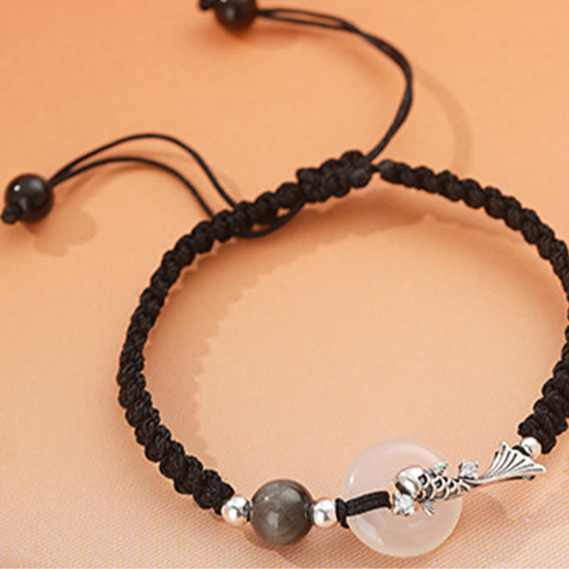 Unisex-Armband mit Chalcedon-Koi-Fisch, 925er Silber, Peace-Schnalle
