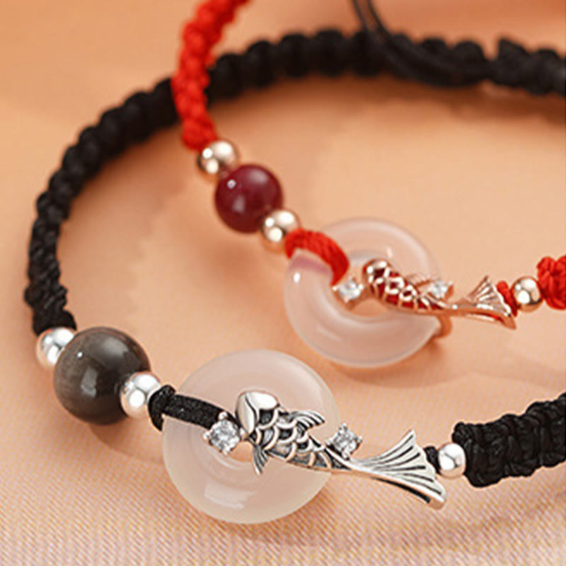 Unisex-Armband mit Chalcedon-Koi-Fisch, 925er Silber, Peace-Schnalle