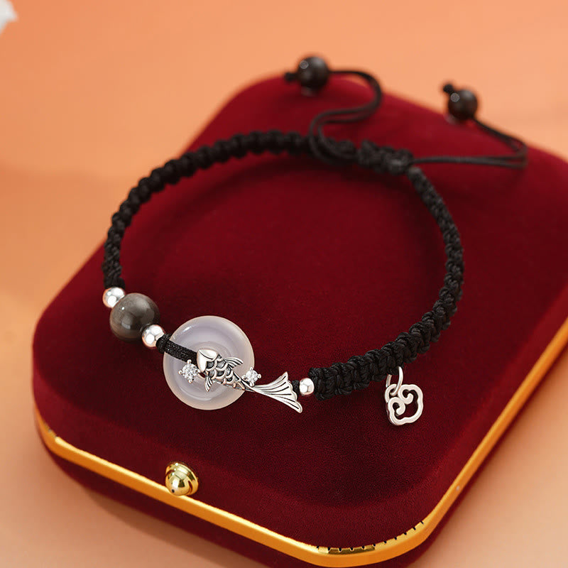 Unisex-Armband mit Chalcedon-Koi-Fisch, 925er Silber, Peace-Schnalle