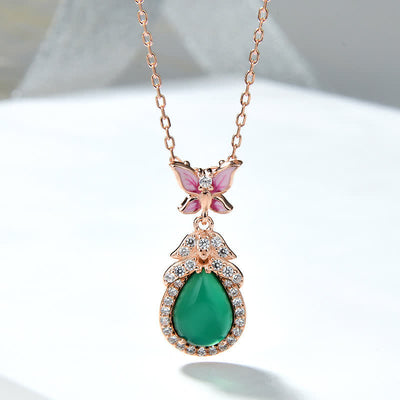 Unisex Grüne Chalcedon Schmetterling Courage Halskette in Silber oder Roségold