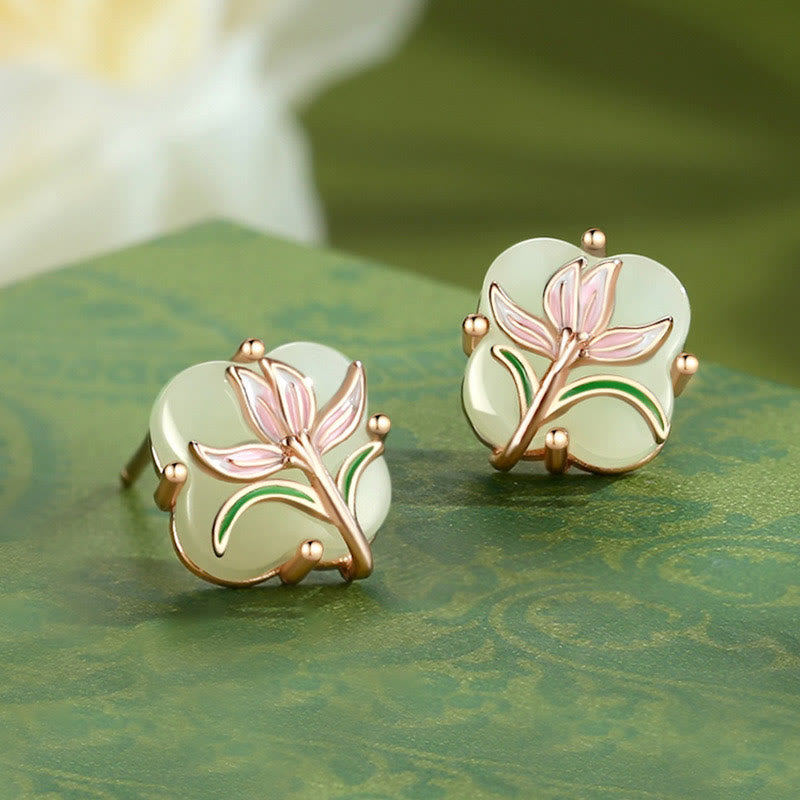 Unisex-Glücksohrringe aus Sterlingsilber mit Hetian-Jade und Chalcedon