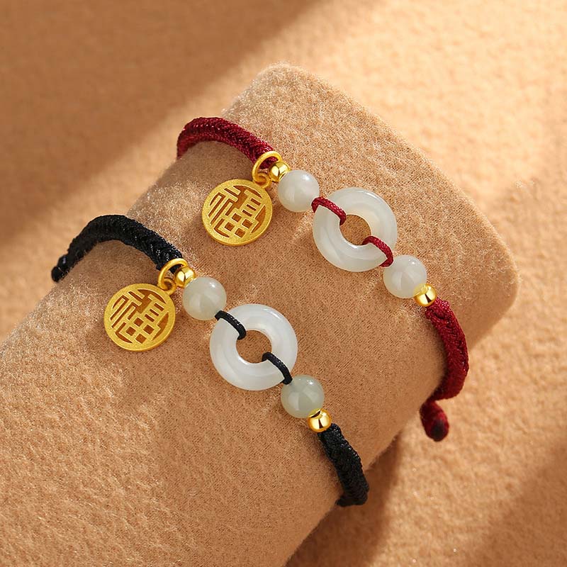 Unisex Hetian Jade Peace Buckle Fu Charm Armband
