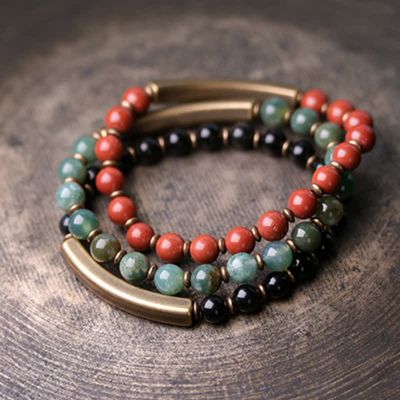 Unisex-Obsidian-Friedensarmband mit rotem Jaspis und Moosachat