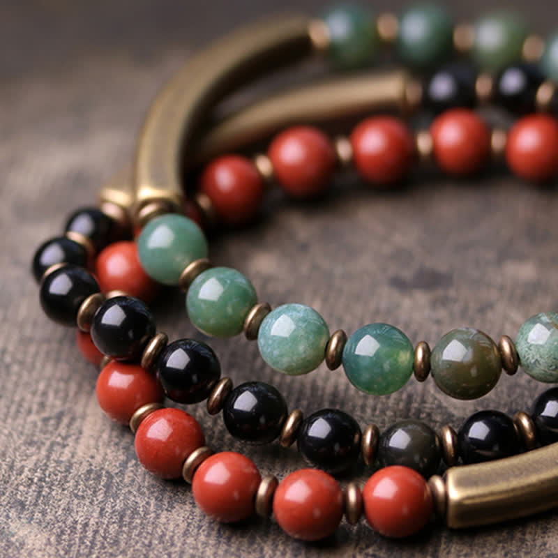 Unisex-Obsidian-Friedensarmband mit rotem Jaspis und Moosachat