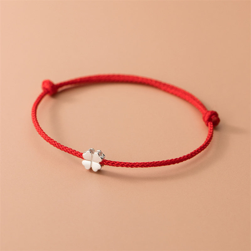 Unisex-Armband mit vierblättrigem Kleeblatt, 925er Silber, rote Schnur
