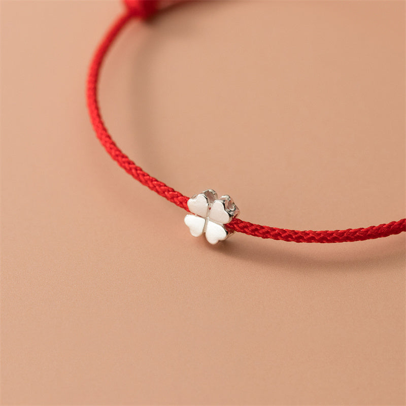 Unisex-Armband mit vierblättrigem Kleeblatt, 925er Silber, rote Schnur