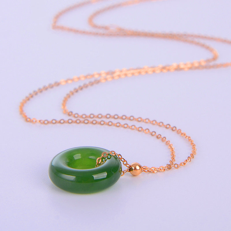 Unisex Runde Cyan Jade Heilung Halskette 14K Gold Anhänger