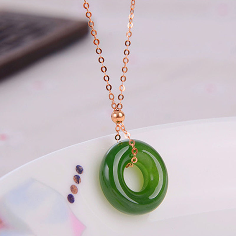 Unisex Runde Cyan Jade Heilung Halskette 14K Gold Anhänger