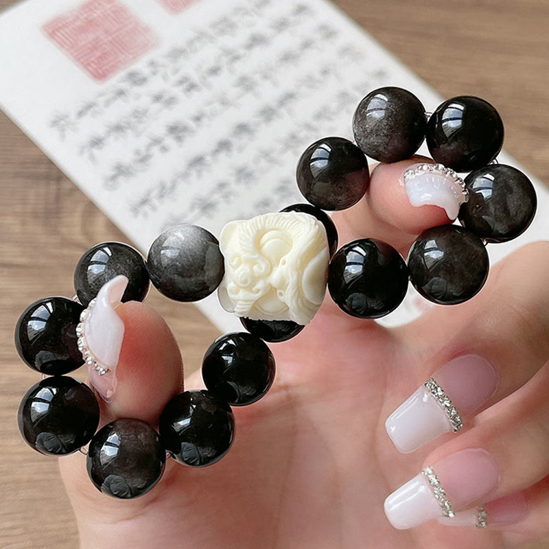 Unisex Silber Glanz Obsidian Schutzarmband 12mm Bodhi Samen