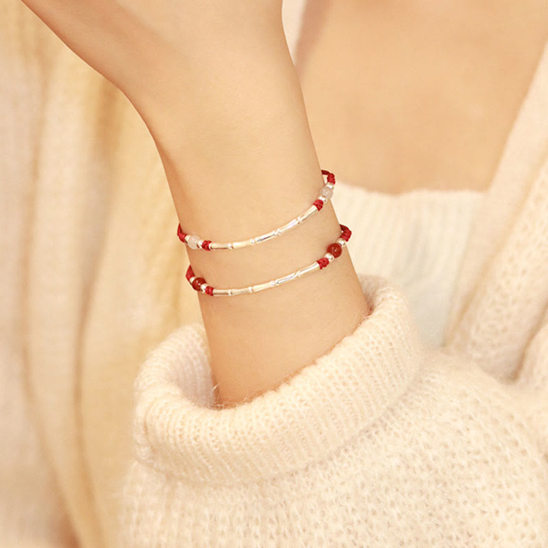 Unisex Sterling Silber Bambus Rote Schnur Achat Schutzarmband