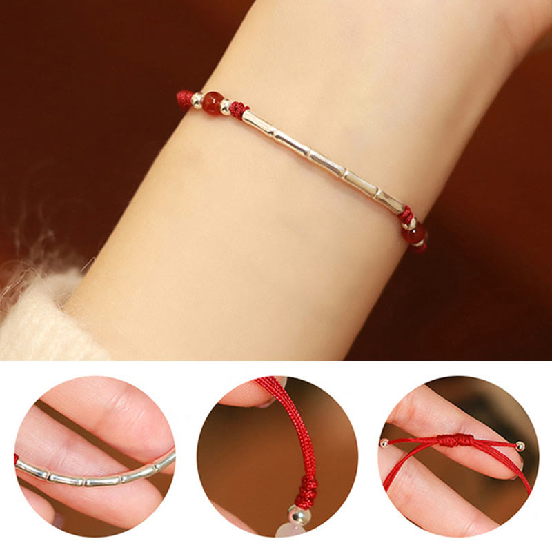 Unisex Sterling Silber Bambus Rote Schnur Achat Schutzarmband