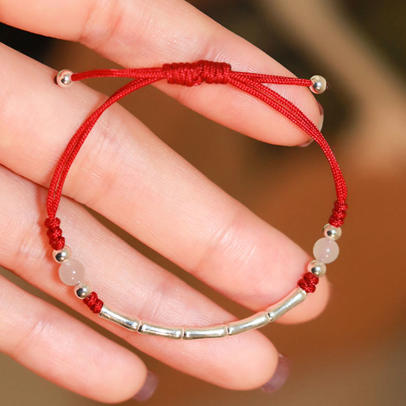 Unisex Sterling Silber Bambus Rote Schnur Achat Schutzarmband