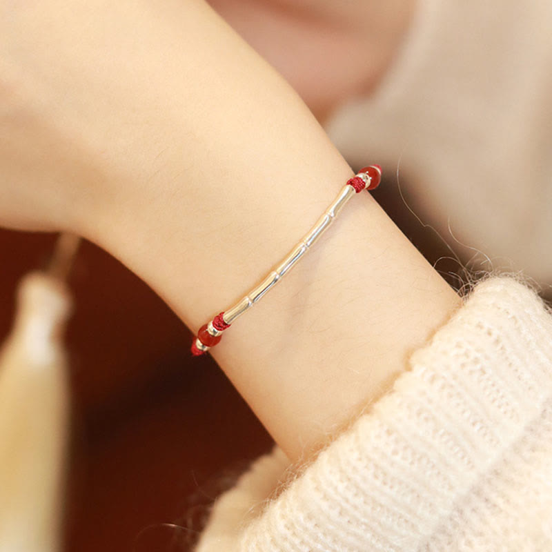 Unisex Sterling Silber Bambus Rote Schnur Achat Schutzarmband
