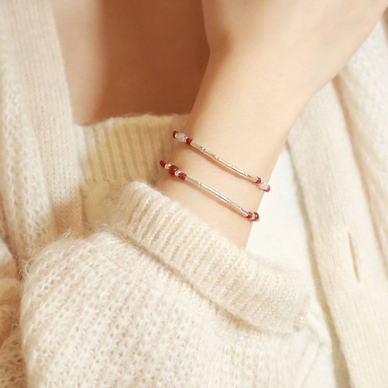 Unisex Sterling Silber Bambus Rote Schnur Achat Schutzarmband