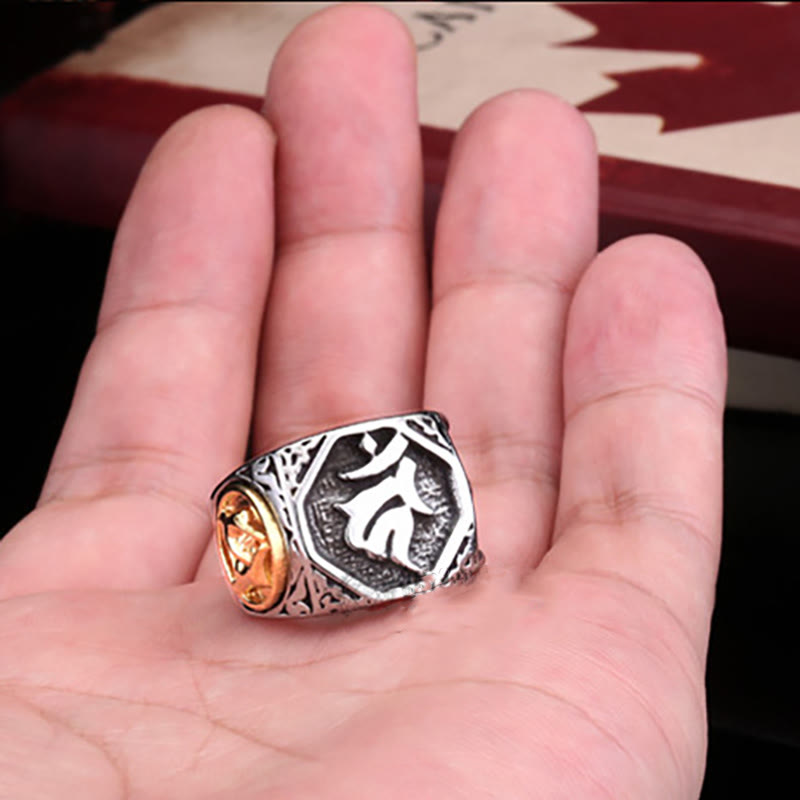 Unisex-Ring aus Titanstahl für spirituelle Balance mit Sanskrit-Schwertzeichen