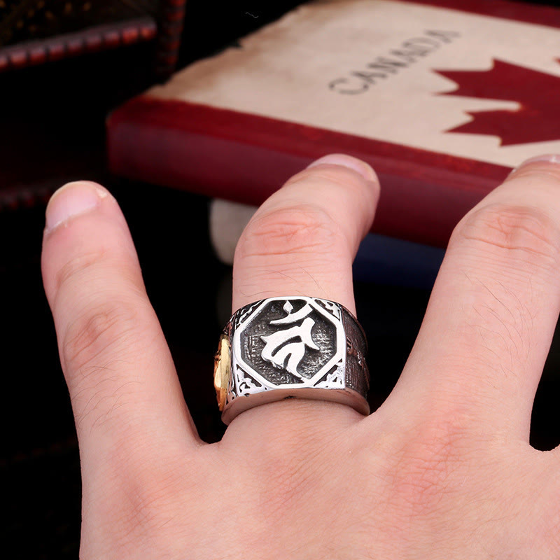Unisex-Ring aus Titanstahl für spirituelle Balance mit Sanskrit-Schwertzeichen