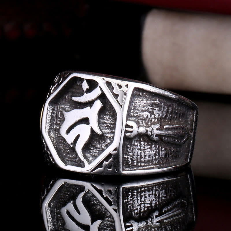 Unisex-Ring aus Titanstahl für spirituelle Balance mit Sanskrit-Schwertzeichen