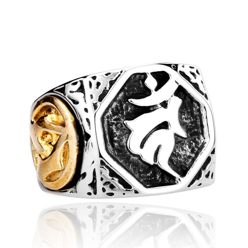 Unisex-Ring aus Titanstahl für spirituelle Balance mit Sanskrit-Schwertzeichen