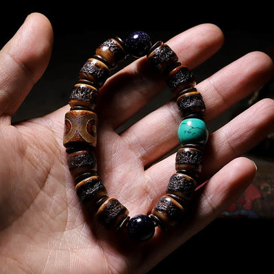 Unisex Yak Bone Dzi Bead Türkis Schutzarmband