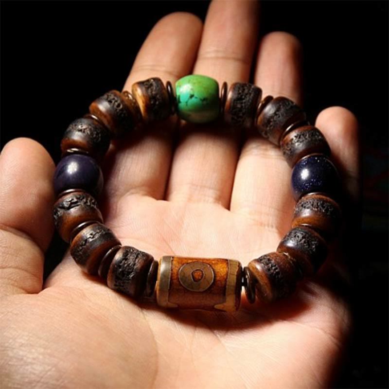 Unisex Yak Bone Dzi Bead Türkis Schutzarmband