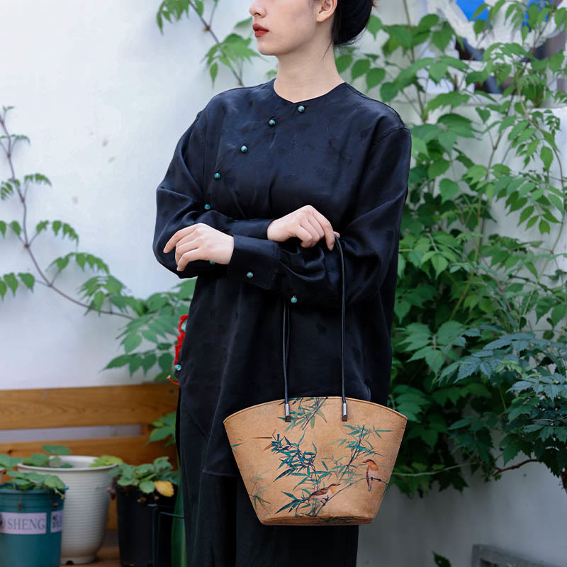 Vintage Bamboo Magpie Schultertasche mit großem Fassungsvermögen und Pfingstrosen-Schmetterling