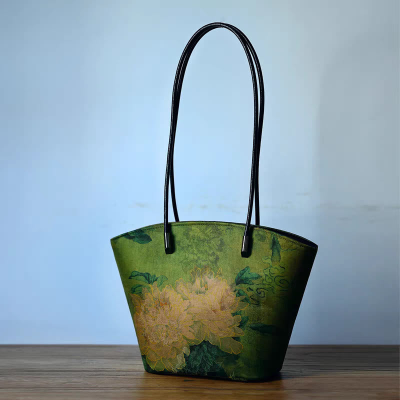 Vintage Bamboo Magpie Schultertasche mit großem Fassungsvermögen und Pfingstrosen-Schmetterling