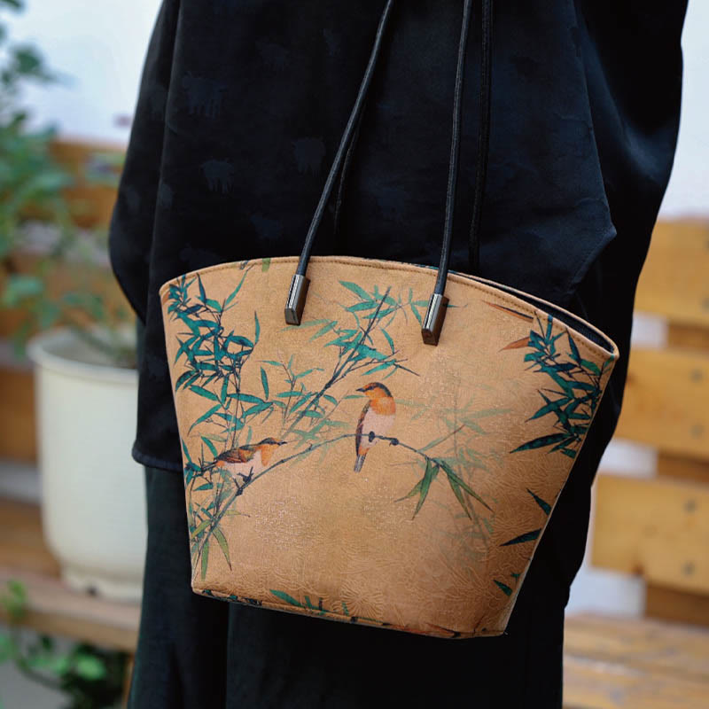 Vintage Bamboo Magpie Schultertasche mit großem Fassungsvermögen und Pfingstrosen-Schmetterling