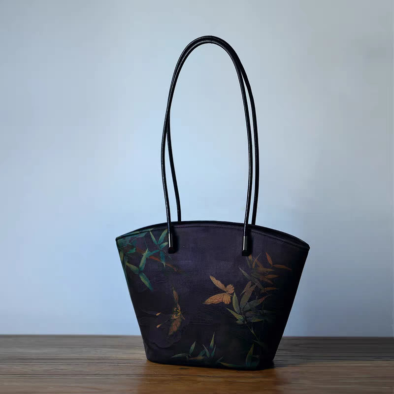 Vintage Bamboo Magpie Schultertasche mit großem Fassungsvermögen und Pfingstrosen-Schmetterling