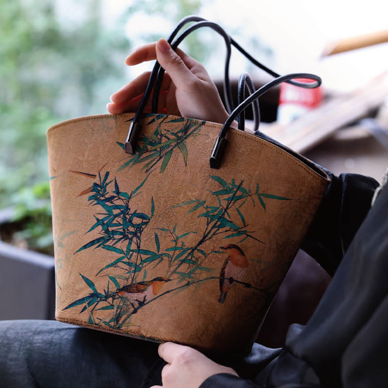 Vintage Bamboo Magpie Schultertasche mit großem Fassungsvermögen und Pfingstrosen-Schmetterling